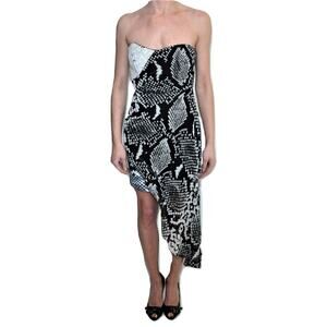 Bebe Addiction Strapless Hi-Low Bodycon Dress with Leather Insert Snake Black XS